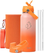 BUZIO 40oz Insulated Water Bottle, Stainless Steel Water Flask with Straw Lid and carrying pouch, Keep Cold 48h Leak Proof Double Wall Vacuum Travel Mug Metal Canteen for Gym Beach, Gradient Orange