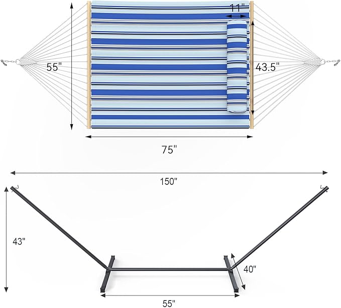 2 Person Outdoor Hammock with Stand, Cotton Rope Hammock with Polyester Pad, Adjustable Steel Frame, Portable with Carrying Bag – for Patio, Backyard, Garden, Beach, Blue