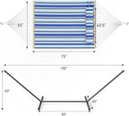 2 Person Outdoor Hammock with Stand, Cotton Rope Hammock with Polyester Pad, Adjustable Steel Frame, Portable with Carrying Bag – for Patio, Backyard, Garden, Beach, Blue Stripe