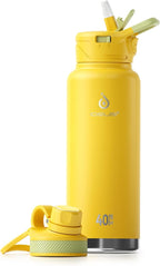IDEUS Insulated Stainless Steel Water Bottle with 2 Leak-Proof Lids, Thermal Water Flask for Hiking Biking, 40oz, Bright Yellow