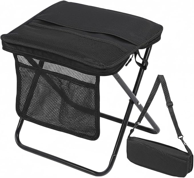 13 x 10.6 Inch Portable Folding Camping Stool, Metal Frame with Storage Mesh, Small Folding Stool for Adults Lightweight Outdoor Seating for Camping Fishing Hiking BBQ Hold Up to 265 LBS (Black)
