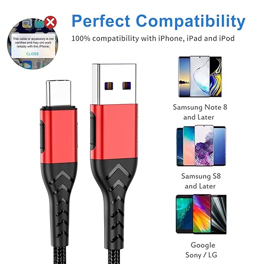 Durcord USB C Charger Cable, Upgarded 2Pack 1ft Fast Charging 1 Feet USB Type C Charging Cord Cable, 1 Foot Type C Charger Premium Nylon Braided USB Cable Compatible with iPhone 15/Pro/Plust/Max-Red