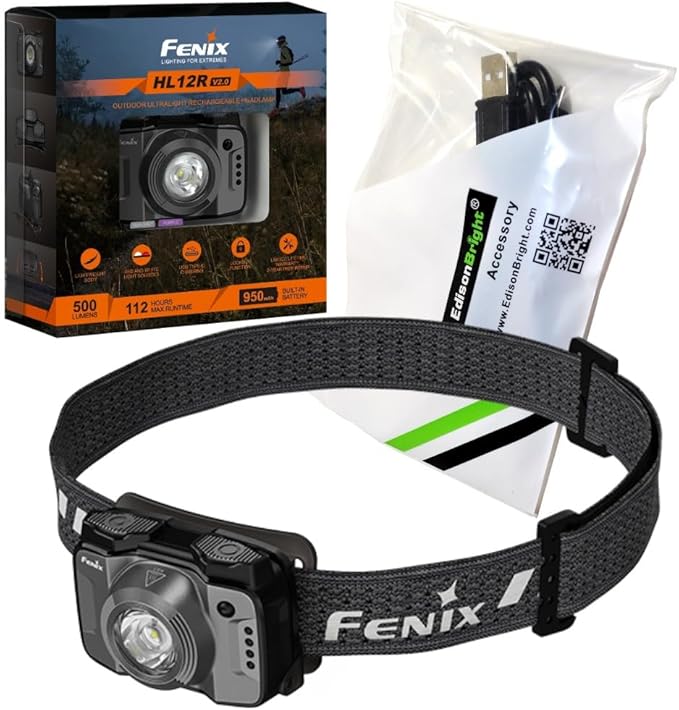 Fenix HL12R V2 USB Rechargeable 500 Lumen LED headlamp with EdisonBright USB Charging Cable (Grey)