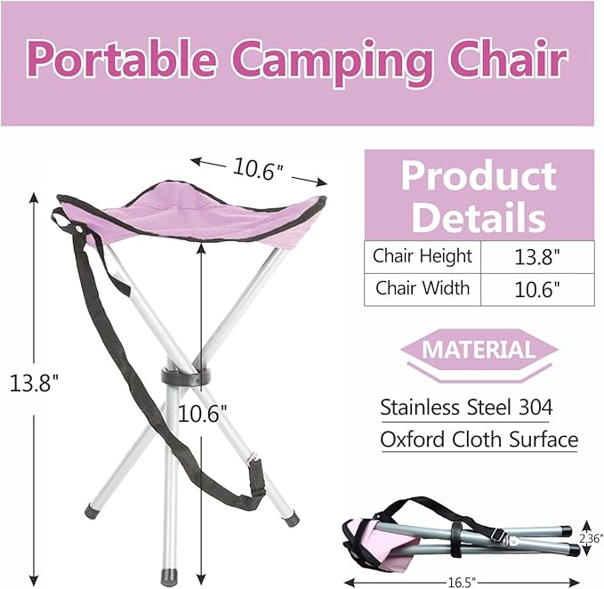 Folding Camping Stool,16.5" Folding Camping Chairs,Portable Tripod Seat,Outdoor Travel Tall Chair for Walking Hunting Hiking Fishing Mountaineering Picnic Beach BBQ Garden Lawn(Pink)