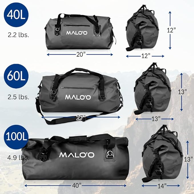 Malo’o Waterproof Dry Duffel, Heavy-Duty Roll Top Waterproof Gear Bag with Shoulder Strap & Molle Loops, Marine Duffel for Kayaking, Boating, Camping, Beach & Travel, Black, 60L