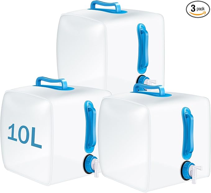3 Pack Collapsible Water Container with Spigot, Foldable Camping Water Container Portable Camping Storage Carrier Jug for Outdoors Hiking Emergency Kit Backpack(Blue,2.6 Gallon)