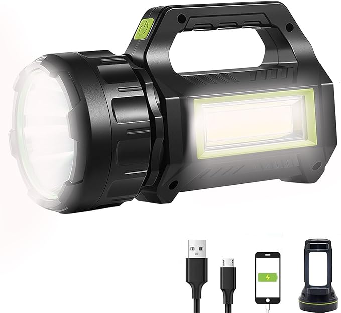 LED Searchlight LED Lantern, Solar Rechargeable Super Bright 10000LM Handheld LEDs Spotlight, Multifunctional Camping Lamp Work Lights, 7 Light Modes, IPX4 Waterproof, for Emergency