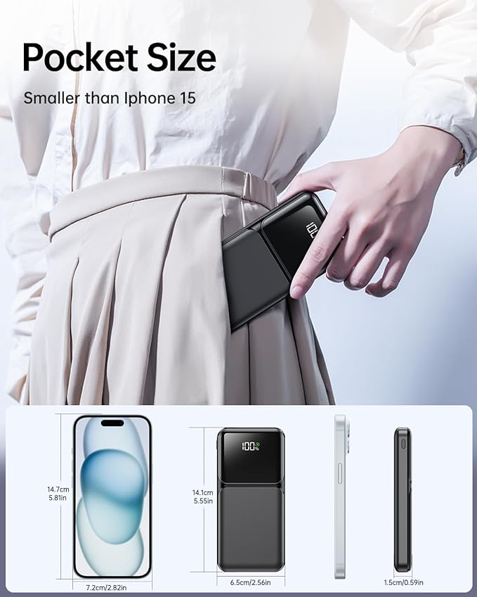 RONEGN Portable Charger with Built in Cable - Power Bank Fast Charging USB C LED Display 10000mah Battery Pack 5 Outputs & 3 Inputs for Travel Essentials iPhone Samsung Android Phones Tablets Black
