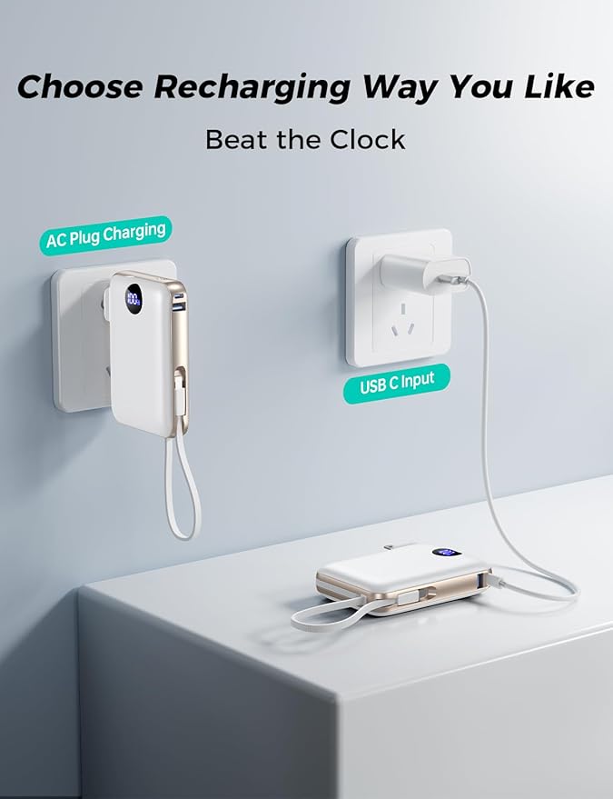3-in-1 Portable Charger Power Bank 10000mAh Power Bank 22.5W USB C Fast Charging Ivory