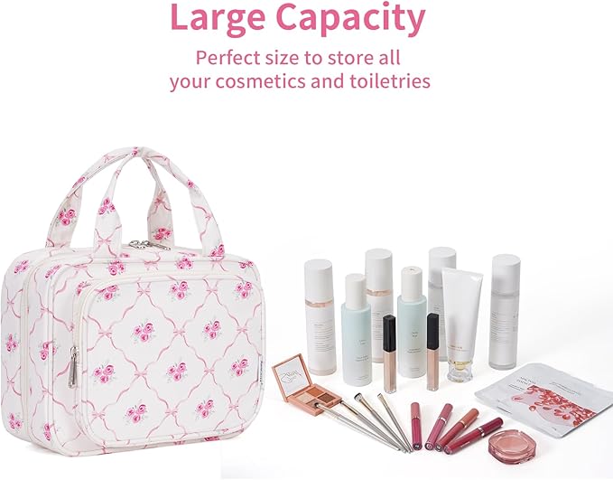 Narwey Hanging Toiletry Bag for Women Travel Makeup Bag Organizer Toiletries Bag for Travel Size Essentials Accessories Cosmetics (Bowknot and Flower (Medium))