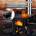 Fitinhot Camp Wood Stove, Tent Wood Burning Stoves Portable with Chimney Pipes, Upgraded Titanium Surface Camping Stove, Heat Resistant Glass & Gloves for Outdoor (Black)