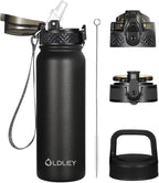 Oldley Insulated Water Bottle 20oz Water Bottles with Straw, Stainless Steel Water Bottle with 3 Lids, Double Wall Vacuum Bottles for Adult Kids, Sports Bottles for School Travel, Black