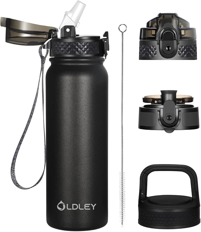 Oldley Insulated Water Bottle 20oz Water Bottles with Straw, Stainless Steel Water Bottle with 3 Lids, Double Wall Vacuum Bottles for Adult Kids, Sports Bottles for School Travel, Black