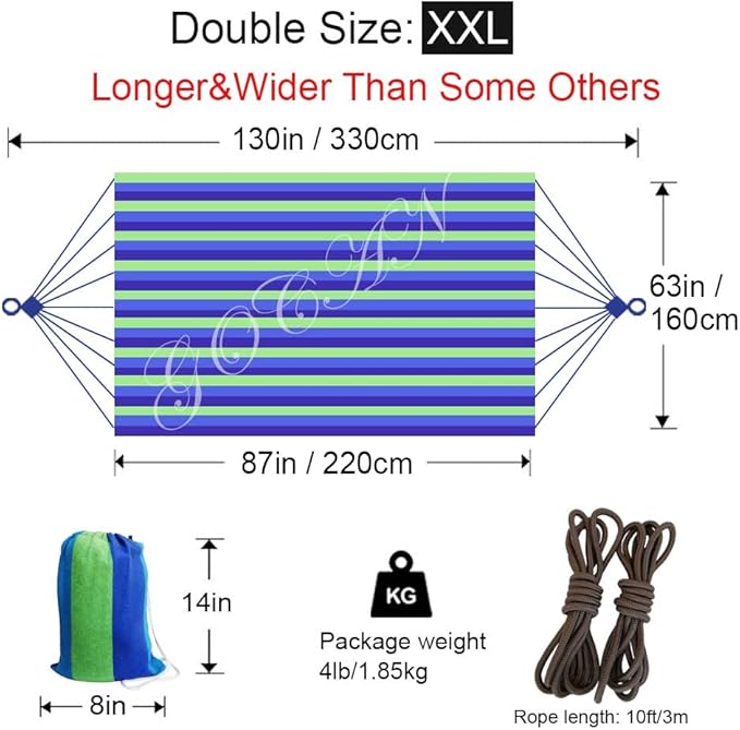 Brazilian Double Hammock 2 Person Extra Large 220x160cm Total Length 330cm Load 500lb Canvas Cotton Hammock for Patio Porch Garden Backyard Lounging Outdoor and Indoor(Blue/Green) XXL