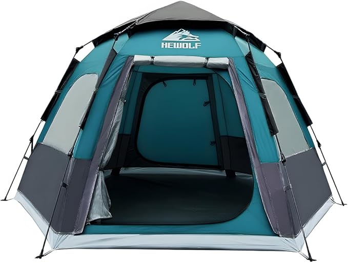 Hewolf 2/3/4 Person Camping Tent - Instant Pop Up Waterproof 2 Doors Tent with Easy Setup | 3-Season Hexagonal Dome Design for Family, Hiking & Traveling