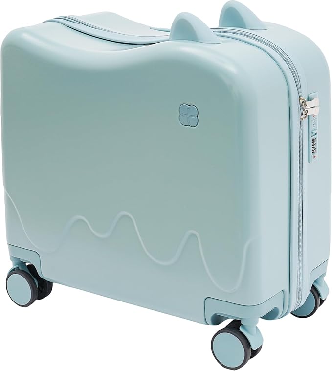 18-Inch Kids Ride-On Suitcase - Cute Lightweight Trolley Luggage with 4 Silent Spinner Wheels & Lock for Travel - Perfect for Ages 3-6 (Sky Blue)