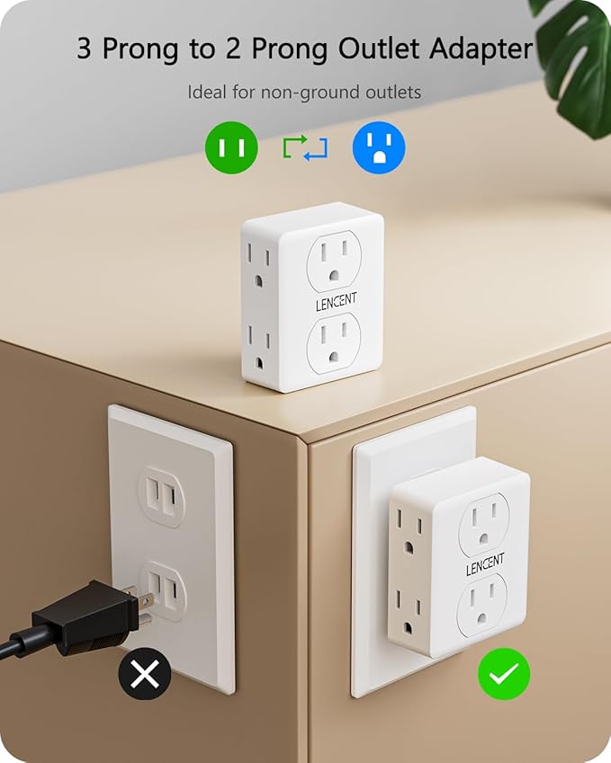 LENCENT 2 to 3 Prong Outlet Adapter, 2 Prong Power Strip, 6 Widely Spaced Outlets Extender, 3-Sided Wall Plug Splitter, 1875W Max, Compact Wall tap for Non-Grounded Outlets in Old House Hotel Dorm