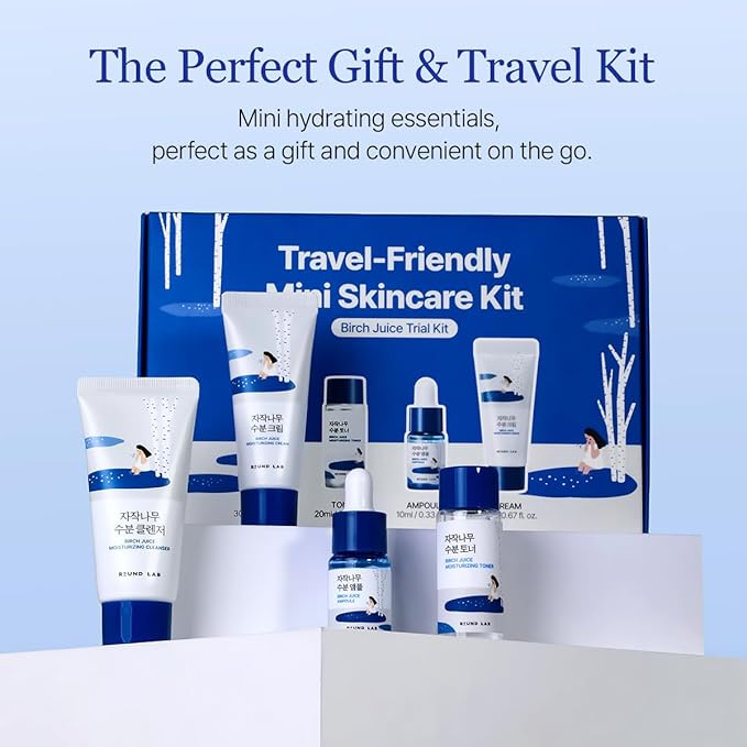 ROUND LAB Birch Juice Moisturizing Mini Kit, 4-Step Travel Size Skincare Set (Cleanser, Toner, Serum, Cream), Daily Skin Care Routine Trial Kit for Acne-Prone and Sensitive Skin, Korean Skin Care