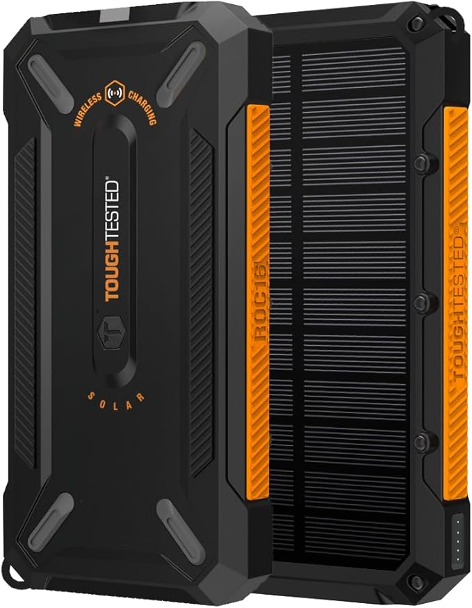 ToughTested 16,000 mAh Fast Charging Solar Power Bank, Portable Solar Charger External Battery Bank with Wireless Charging | IP65 Waterproof, Dustproof, Shockproof for Camping, Travel & Emergency Use