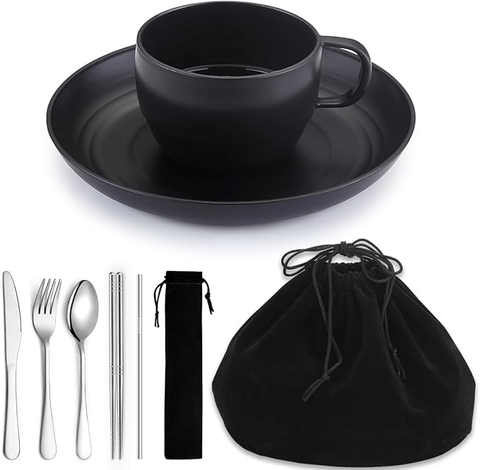 Camping Essentials Set, HOMQUEN Camping Plates and Bowls Set, Coffee Mug, Travel Cutlery Set Include Spoon, Fork, Knife for Work, Outdoor,Picnic, Camp （Black）