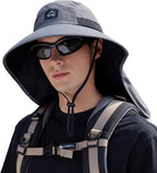 Rosoz Outdoor Sun Hat for Men Women, UPF50+ Protection Safari Cap Wide Brim Mesh Fishing Hat with Neck Flap Beach Garden
