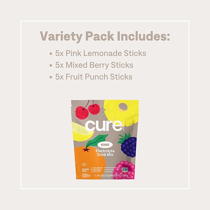 Cure Hydration - Kids Electrolyte Drink Mix | Plant-Based Pediatrician Formulated Rehydration | No Added Sugar, FSA-HSA, Non-GMO, Gluten-Free, No Artificial Flavors | 15 Packets - Variety Pack