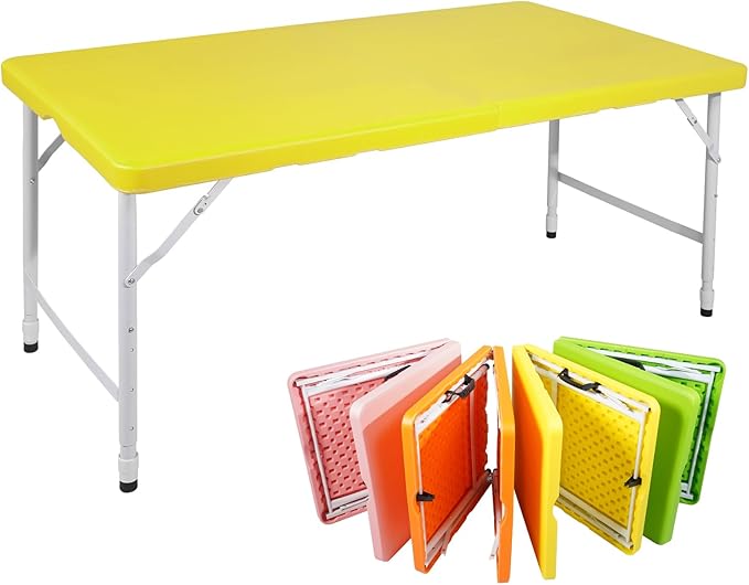 4 FT Folding Table with Carry Handle, Portable Fold-in-Half Plastic Table, Rectangle Foldable Table for Indoor/Outdoor Yellow