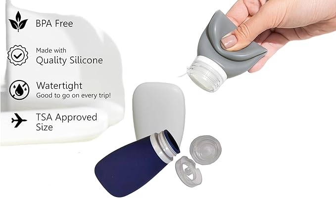 Travel Bottles for Toiletries, TSA Approved 3oz Leak Proof Silicone Soft Refillable Squeeze Travel Size Containers BPA Free for Cleansers, Lotions, Shampoo, Conditioner 3pk (Clear)