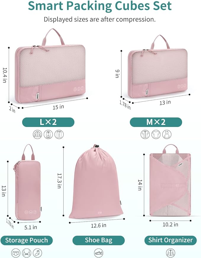 WANDF 7 Set Compression Packing Cubes for Travel, Shirt Folder for Wrinkle-Free, Suitcase Organizer Bags Set for Carry-On Checked Luggage Duffle Bag Women Men(Pink)