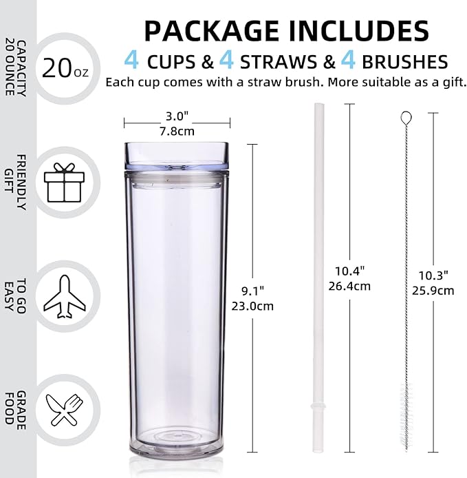 Volhoply 20oz Plastic Skinny Tumblers Bulk 4 Pack,Double Wall Tumbler with Lid and Straw,Reusable Travel Iced Coffee Mug,BPA Free Matte Acrylic Water Cups with Straw for Parties,DIY Gifts(Clear,4 Set)