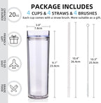 Volhoply 20oz Plastic Skinny Tumblers Bulk 4 Pack,Double Wall Tumbler with Lid and Straw,Reusable Travel Iced Coffee Mug,BPA Free Matte Acrylic Water Cups with Straw for Parties,DIY Gifts(Clear,4 Set)