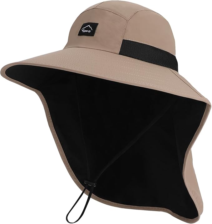 Rosoz Outdoor Sun Hat for Men Women, UPF50+ Protection Safari Cap Wide Brim Mesh Fishing Hat with Neck Flap Beach Garden