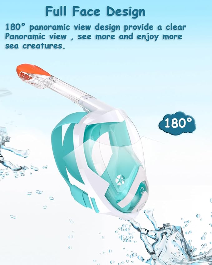 Flyboo Snorkel Mask,180°View Snorkelling Gear with Panoramic Full Face Design-Sports Camera Compatible Diving Mask with Anti-Fog and Anti-Leak Technology for Adults and Kids
