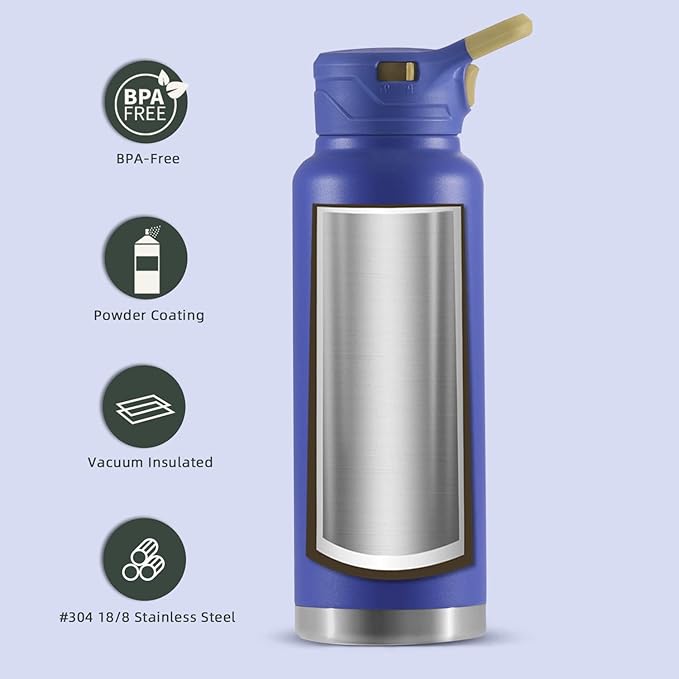 IDEUS Insulated Stainless Steel Water Bottle with 2 Leak-Proof Lids, Thermal Water Flask for Hiking Biking, 40oz, Purple