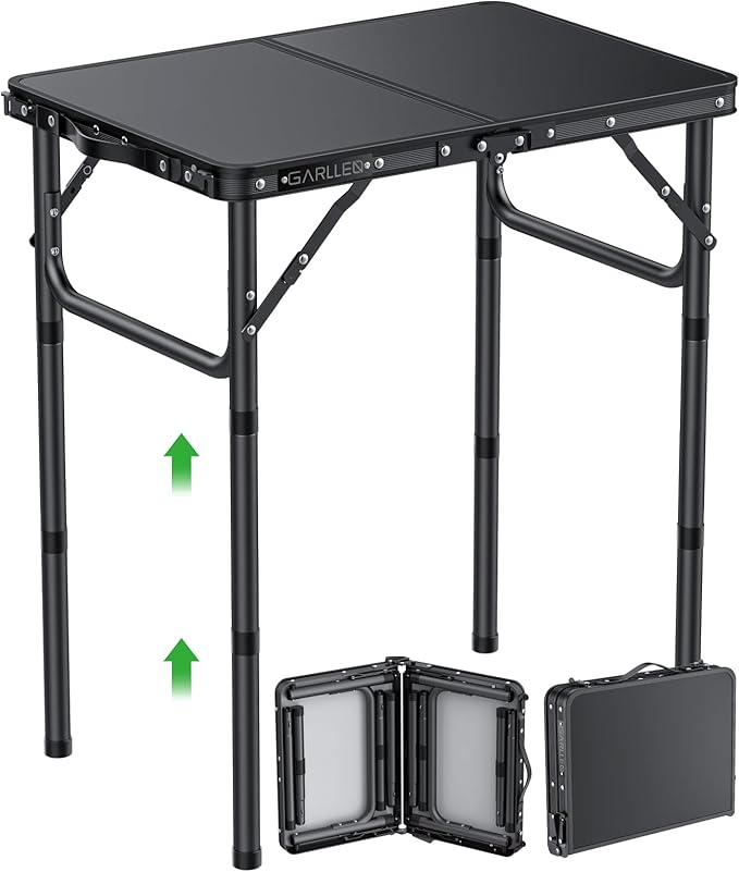 GARLLEN 2ft Folding Camping Table, 3 Adjustable Height Lightweight Folded Picnic Table, Portable Aluminum Grill Table for Camping, BBQ, Outdoor, 22.8" L x 15.7" W, Black