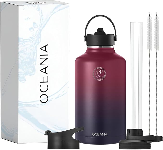 Oceania Flask 64oz Stainless Steel Water Bottles | Modern, Leakproof, Hydro BPA-Free, Insulated Water Bottle with 3 Lids, 3 Straws & 2 Straw Cleaning Brushes | Simple Camping & Hiking Water Bottles