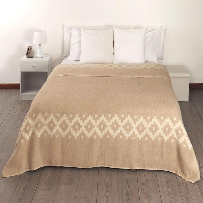Thick Alpaca Wool Blanket Heavyweight Camping Outdoors Indoors Soft Peruvian Alpaca Wool Blankets That Come in Twin Queen King Size Ethnic Design (Beige - Ivory Stripes, King)