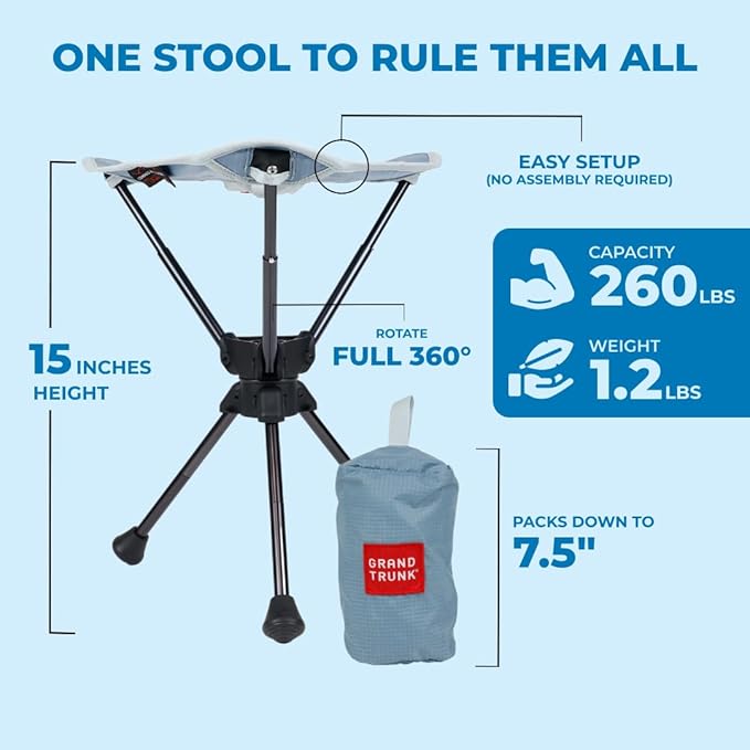 GRAND TRUNK Compass 360 UC Swivel Stool - Ultra-Compact 260lb Capacity Portable Seat for Camping, Travel & Outdoors (Storm)