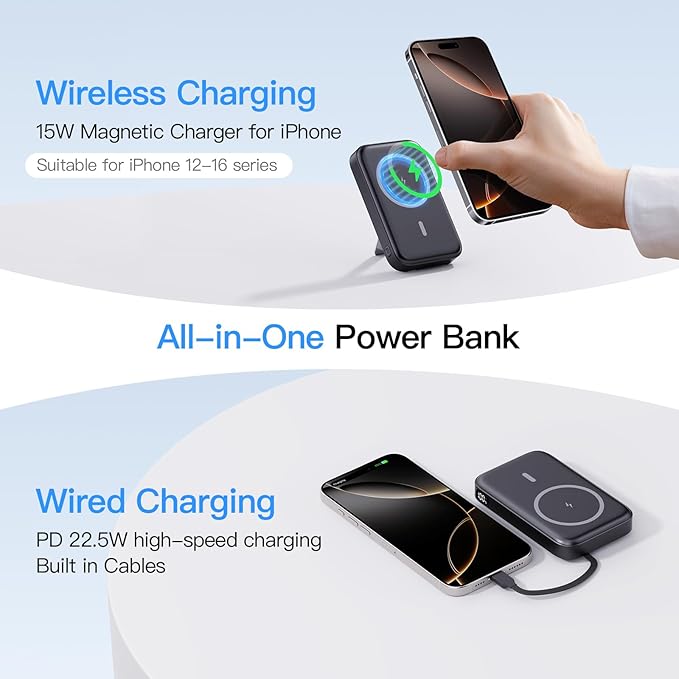 2025 Latest Portable Charger, 16800mAh Magnetic Wireless Power Bank with 2 Built in Cables, LED Display Battery Pack Travel Essentials for iPhone 16/15/14/13/12/Pro/Mini/Pro Max Andriod