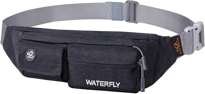 WATERFLY Fanny Pack for Women Men Water Resistant Small Waist Pouch Slim Belt Bag with 4 Pockets Lightweight Crossbody Chest Bag Fit All Phones, 11.02 x 2.1 x 4.3 inch