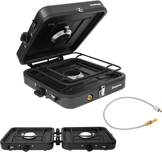 KingCamp 2 Burner Camping Stove，Portable Folding Stove with 20000 BTU，Backpacking Camp Stove for Outdoor Cooking，2 Adjustable Burners & Piezo Ignition for BBQ Hiking Backpacking Camping