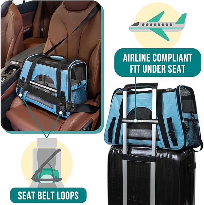 PetAmi Airline Approved Pet Carrier for Cats & Small Dogs, Soft Sided TSA Travel Carrier Bag with Sherpa Bed, Breathable Mesh Ventilation, Collapsible Bowl, Fits Under Seat, Up to 18 lbs, Small Blue