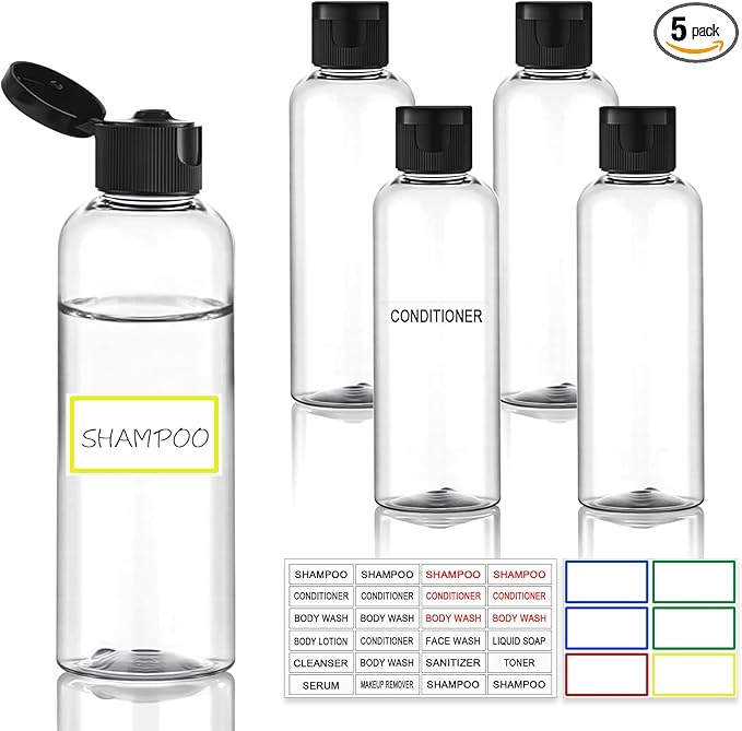 5 Pack 3.4 oz Travel Bottles for Toiletries, TSA Approved Leak Proof Refillable Travel Size Containers, Clear Plastic Shampoo Bottles for Lotion Conditioner