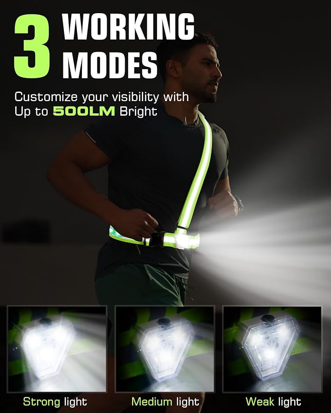 Zacro Reflective Running Vest with 9 RGB Modes, 500LM High Visibility Chest Light for Runners, Rechargeable Light Up Running Gear for Night Safety Cycling Hiking Dog Walking Adjustable for Men Women