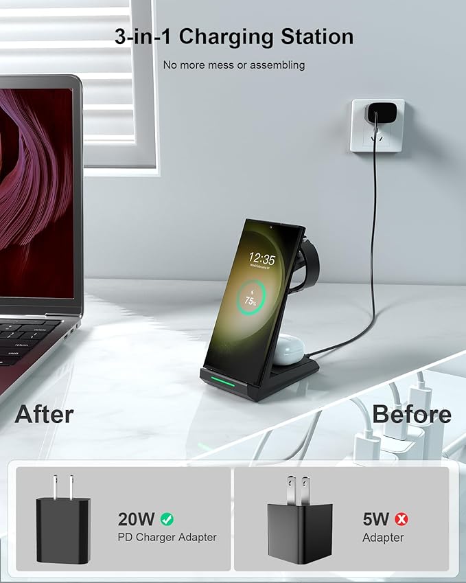 Wireless Charger for Samsung - NANAMI 3 in 1 Charging Station for Multiple Devices, Fast Charger Stand for Galaxy S25 S24 S23 Ultra S22 S21 Z Flip Fold 4,Galaxy Watch 6/5/5 Pro/4/3, Galaxy Buds 2 Pro