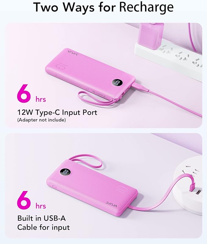 VRURC Portable Charger 10000mAh, Travel Essentials Battery Pack, 5 Output 2 Input Power Bank, Built-in Micro & USB C Cables Phone Charger Compatible with iPhone,Samsung,Android-Purple(1 Pack)