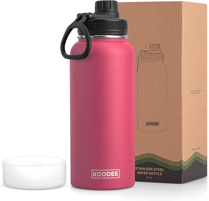 koodee Insulated Water Bottle, 32oz Stainless Steel Double Wall Vacuum Wide Mouth Sport Bottle with Leakproof Spout Lid (Pink Red)