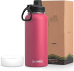 koodee Insulated Water Bottle, 32oz Stainless Steel Double Wall Vacuum Wide Mouth Sport Bottle with Leakproof Spout Lid (Pink Red)