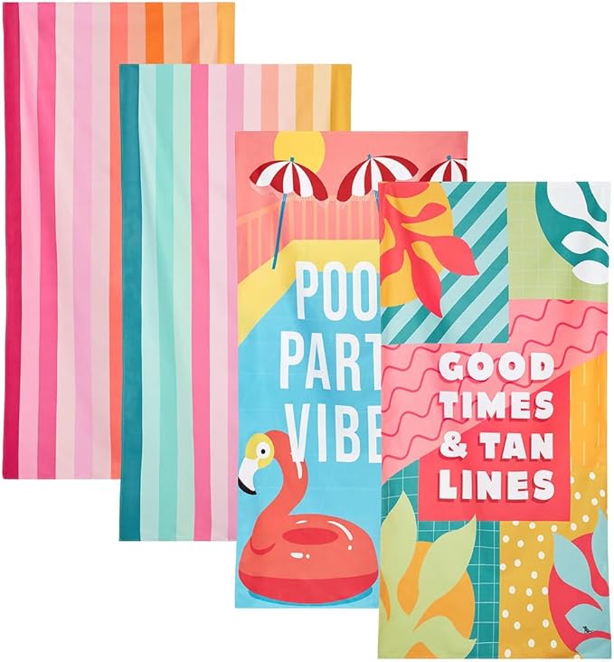 Dock & Bay Beach Towel - Quick Dry, Sand Free - Compact, Lightweight - 100% Recycled - Includes Bag - Party in Pink - Set of 4 - Large (160x90cm, 63x35)