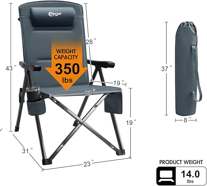 Portal Reclining Camping Chair, High Back Folding Lawn Chair with Adjustable Reclining for Adults, Oversized Chair for Garden, Porch, Outdoor Camping